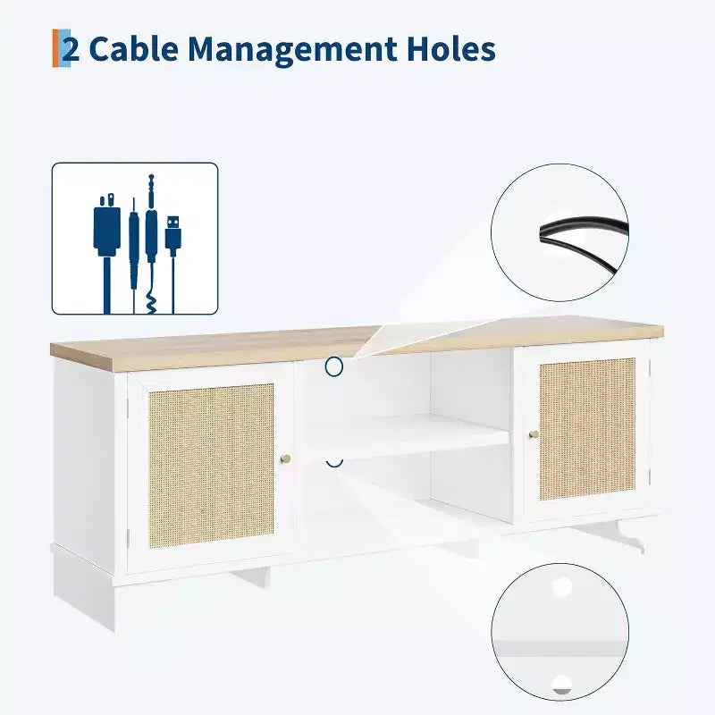 Meuble TV 70 pouces, meuble TV en rotin pour salon, meuble TV bohème, console en bois avec rangement et étagère.