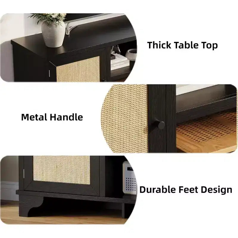 Meuble TV 70 pouces, meuble TV en rotin pour salon, meuble TV bohème, console en bois avec rangement et étagère.