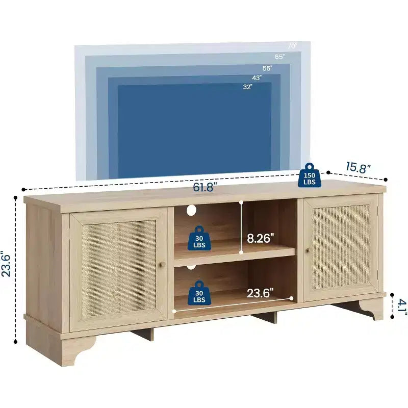 Meuble TV 70 pouces, meuble TV en rotin pour salon, meuble TV bohème, console en bois avec rangement et étagère.