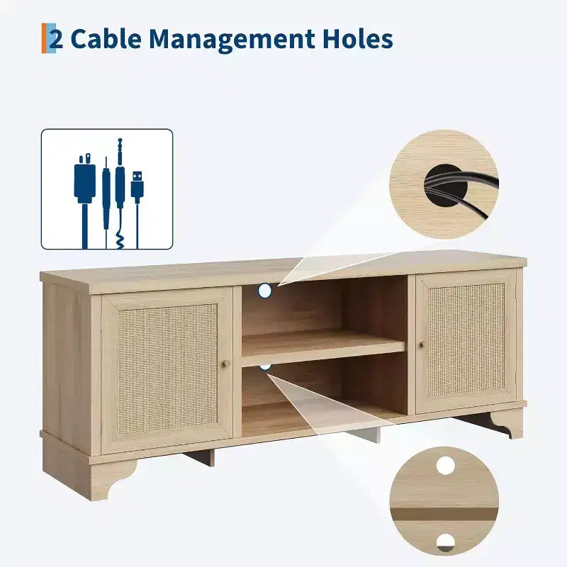 Meuble TV 70 pouces, meuble TV en rotin pour salon, meuble TV bohème, console en bois avec rangement et étagère.