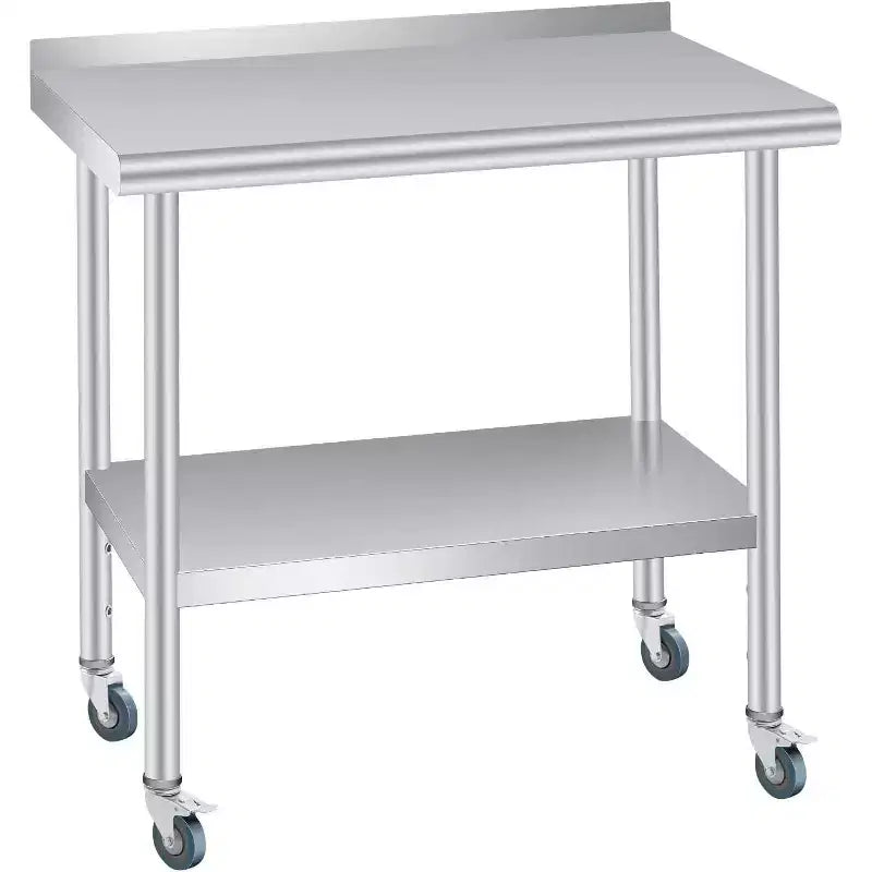 Table en acier inoxydable avec roulettes, poste de travail de préparation robuste 60x24 pouces, dosseret et étagère réglable pour cuisine, restaurant, bureau