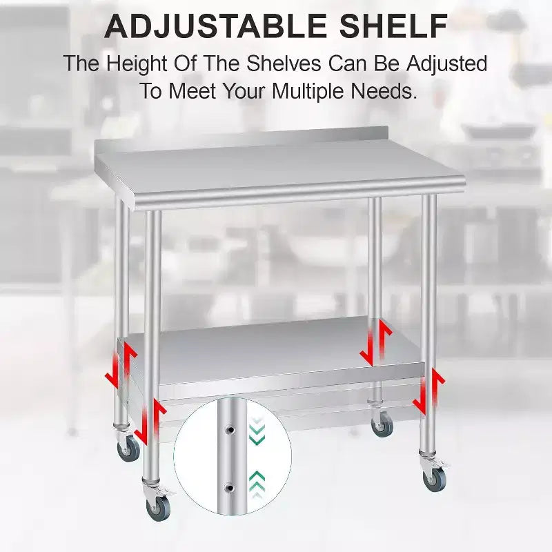 Table en acier inoxydable avec roulettes, poste de travail de préparation robuste 60x24 pouces, dosseret et étagère réglable pour cuisine, restaurant, bureau