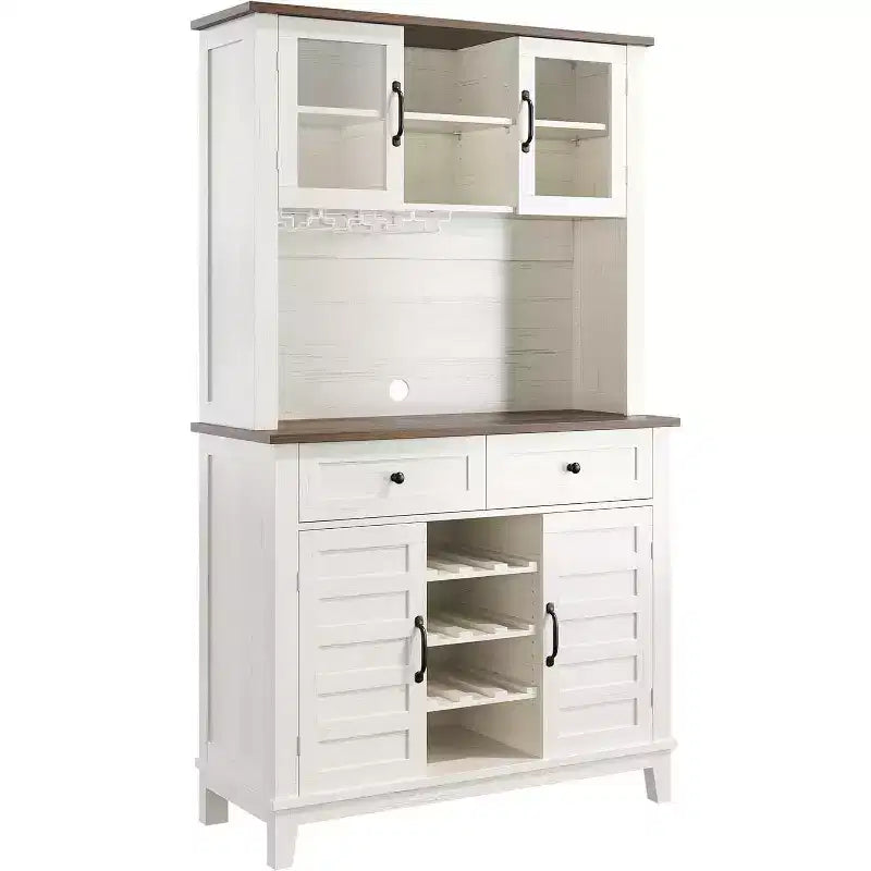 Grand garde-manger de cuisine de 183 cm avec huche, 4 portes, 2 tiroirs, casier à vin et porte-verres, étagères réglables, grand buffet de rangement, Blanc