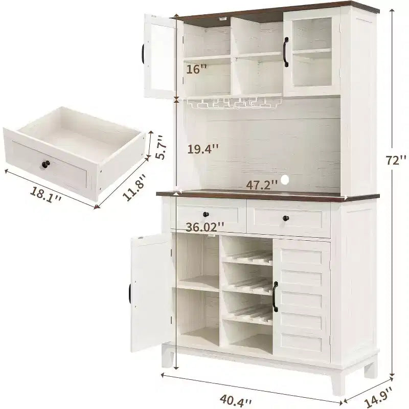 Grand garde-manger de cuisine de 183 cm avec huche, 4 portes, 2 tiroirs, casier à vin et porte-verres, étagères réglables, grand buffet de rangement, Blanc