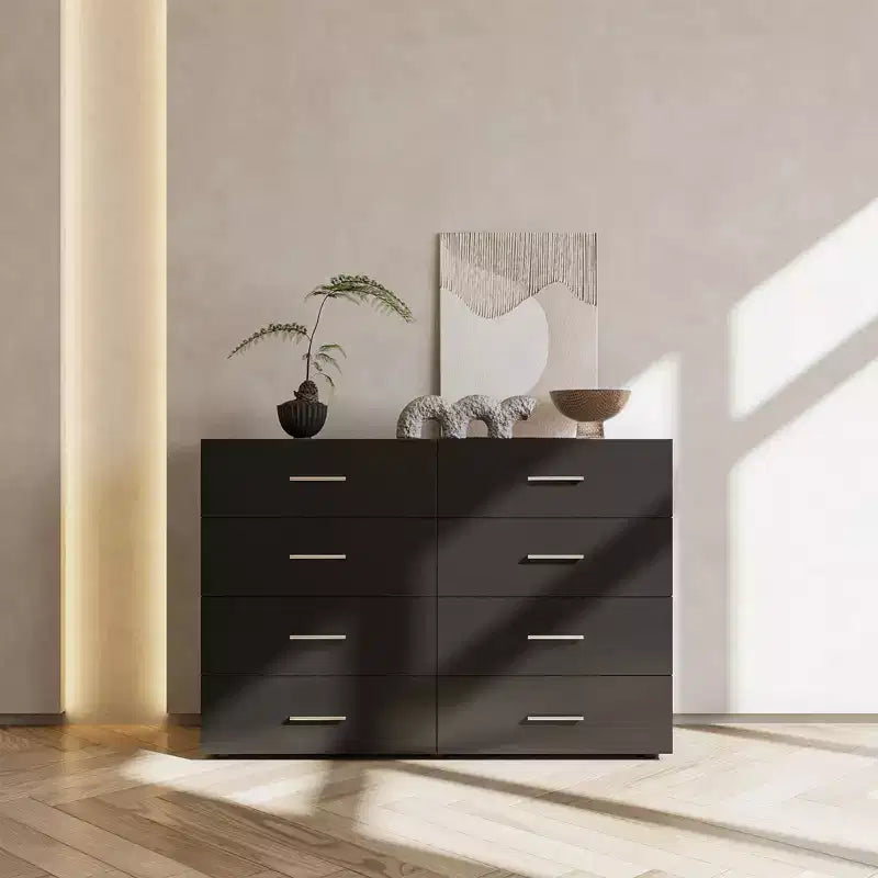 Commode de 120 cm de large avec 8 tiroirs en panneaux de particules noirs
