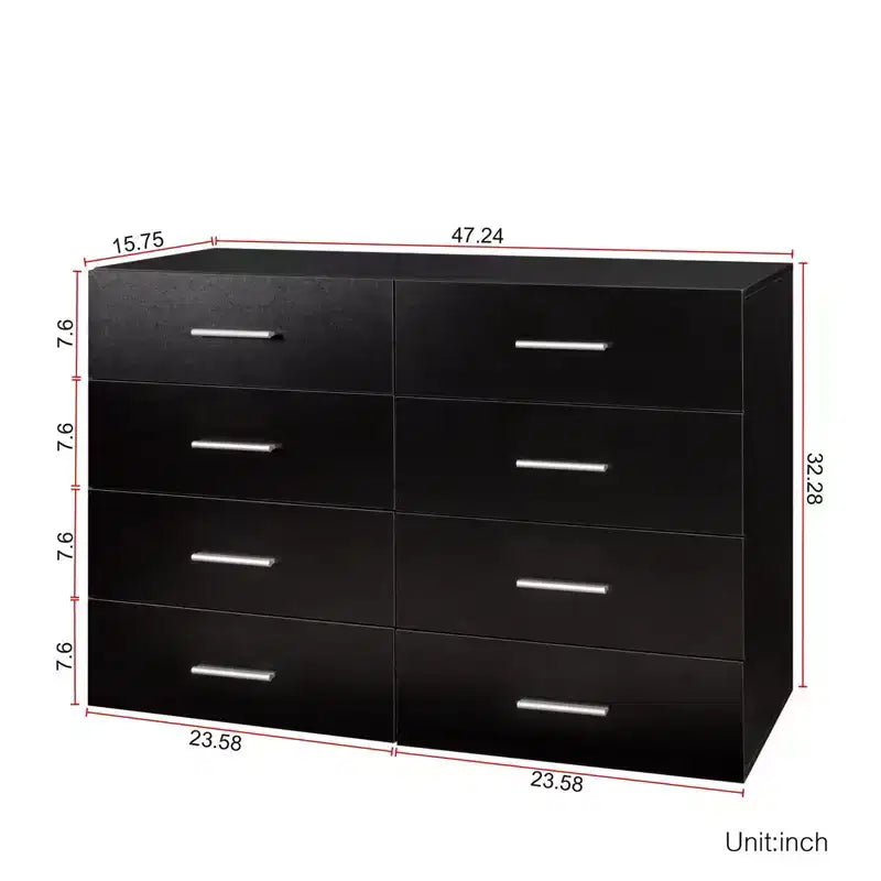 Commode de 120 cm de large avec 8 tiroirs en panneaux de particules noirs