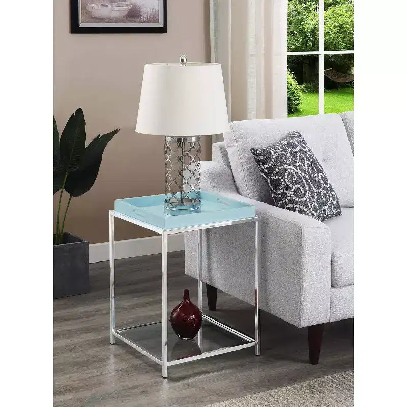 Table d'appoint rectangulaire en métal, couleur bleue, 24 po H