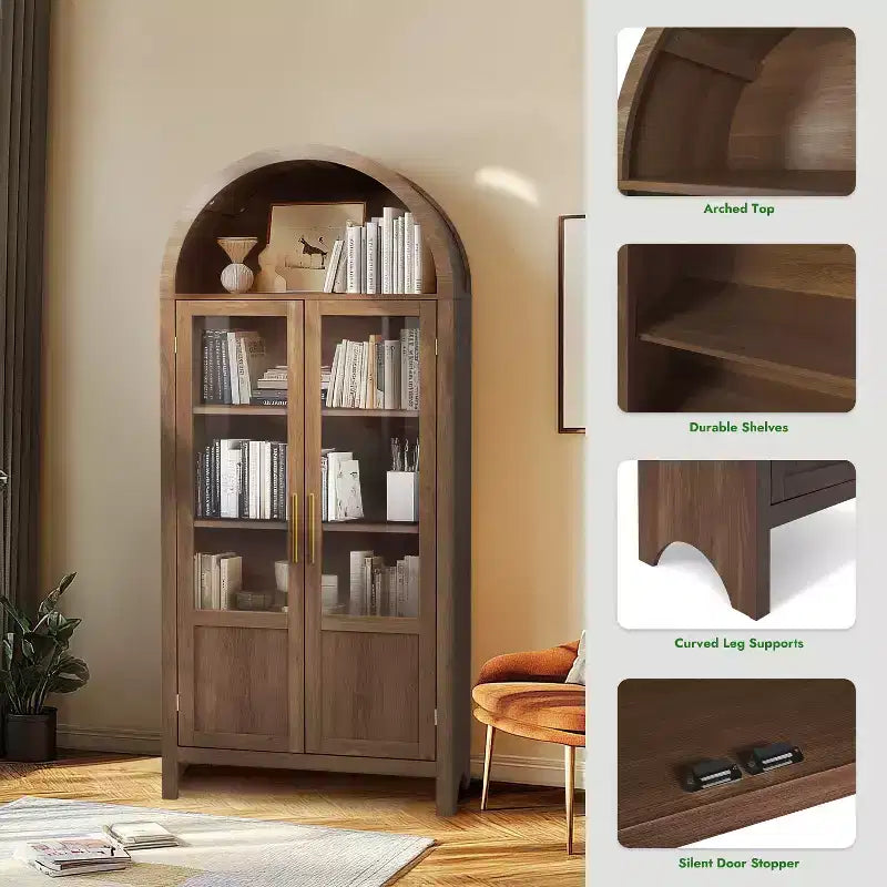 Grand Meuble de Rangement en Bois à Arc avec 2 Portes et Étagères pour Salon
