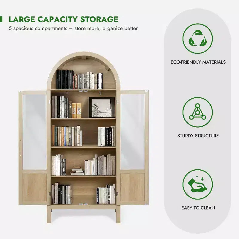 Grand Meuble de Rangement en Bois à Arc avec 2 Portes et Étagères pour Salon