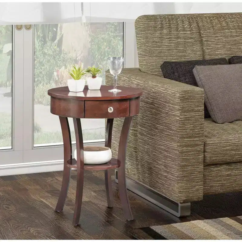 Table d'appoint avec tiroir et étagère, table d'appoint en bois massif avec pieds incurvés et rangement dissimulé pour la décoration du salon
