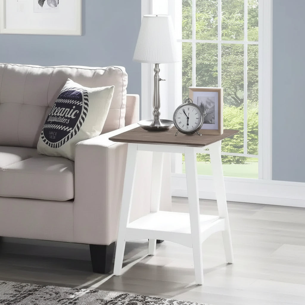 HomeStock Belmont End Table with Mid-Century Modern Open Shelf Design, MDF Veneer Top and Rubberwood Legs for Living Room or Office