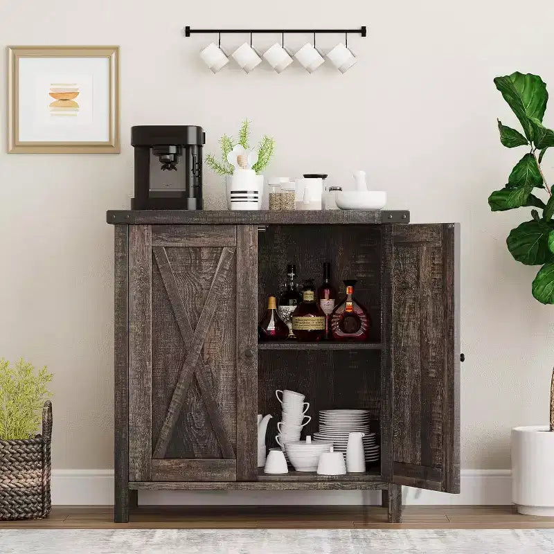 Buffet de Rangement, Desserte de Ferme 150 cm avec 2 Armoires et Étagère Ouverte, Meuble Console pour Salon, Salle à Manger, Couloir