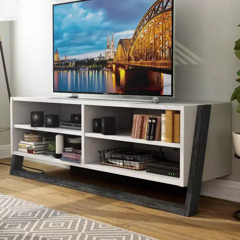 Meuble TV 4 étagères grand format pour téléviseurs jusqu'à 68" ; Gris : Style de transition, Fini deux tons, Quincaillerie en métal