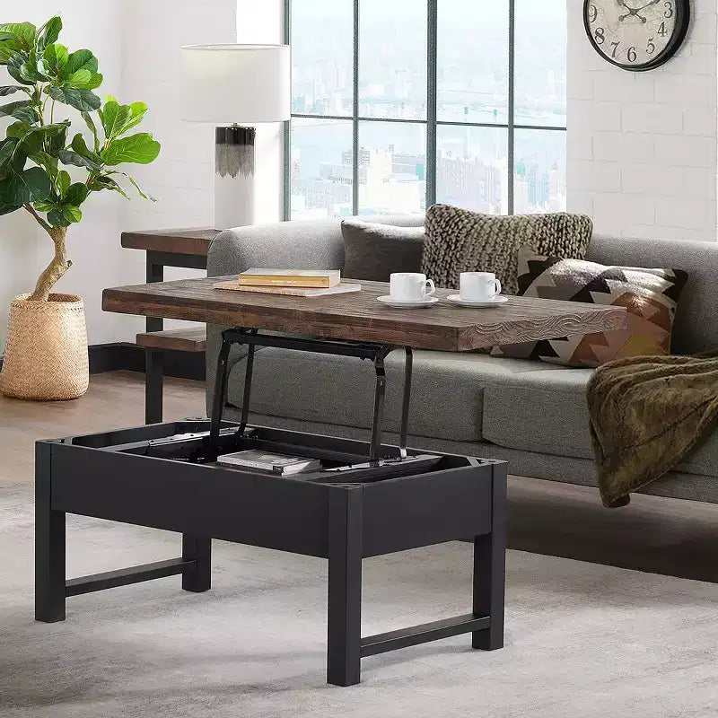 Table basse relevable rustique de 42 po : Bois de pin vieilli, style industriel, cadre noir