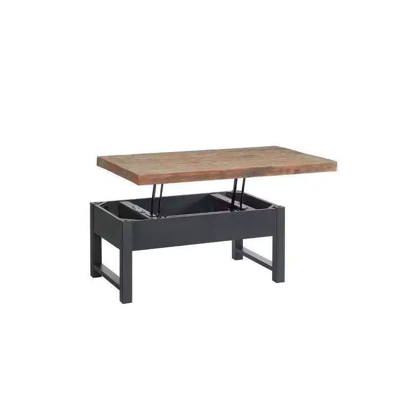 Table basse relevable rustique de 42 po : Bois de pin vieilli, style industriel, cadre noir