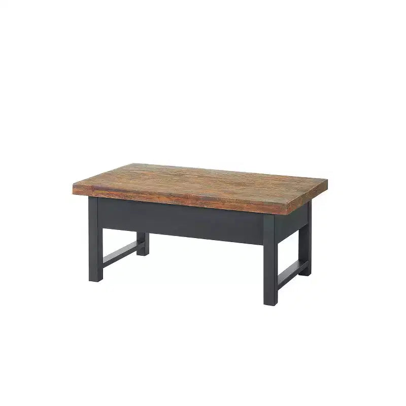 Table basse relevable rustique de 42 po : Bois de pin vieilli, style industriel, cadre noir