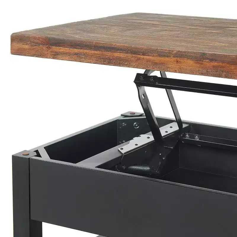 Table basse relevable rustique de 42 po : Bois de pin vieilli, style industriel, cadre noir