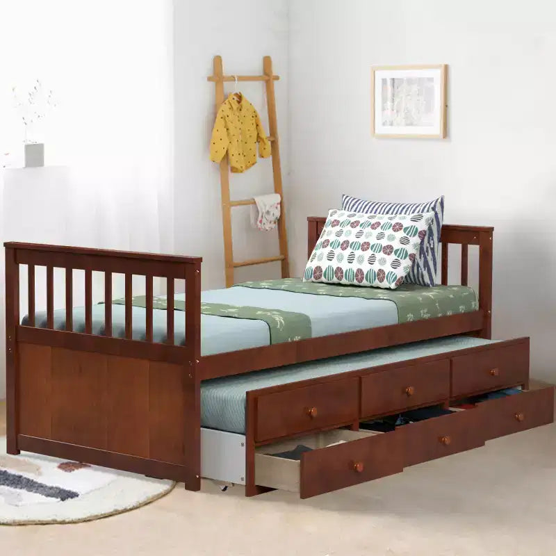 Lit double superposé Captain's Bed avec lit gigogne et tiroirs pour enfants NoyerEspressoBlanc