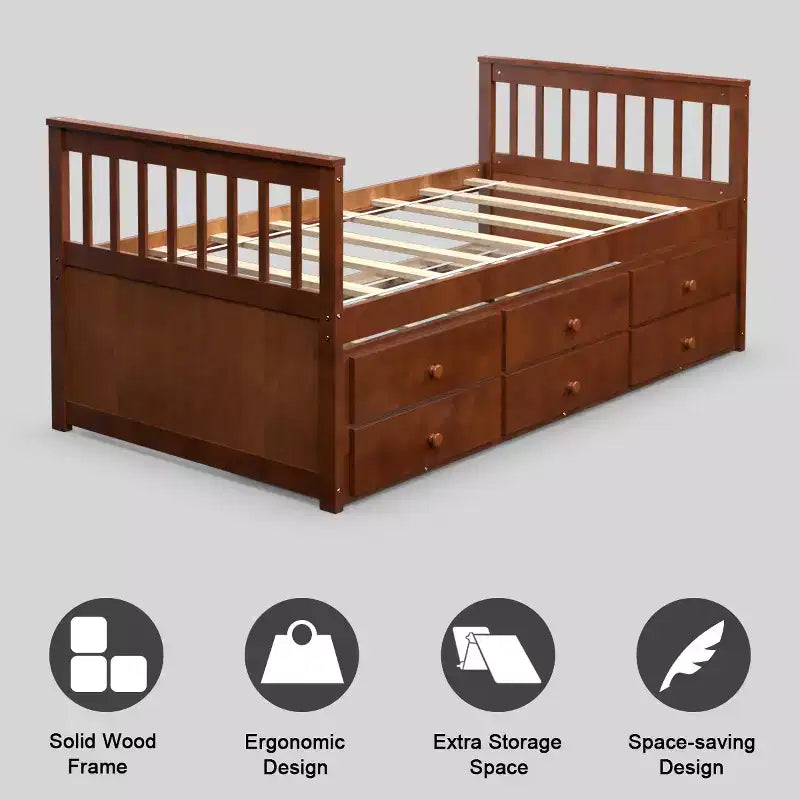 Lit double superposé Captain's Bed avec lit gigogne et tiroirs pour enfants NoyerEspressoBlanc