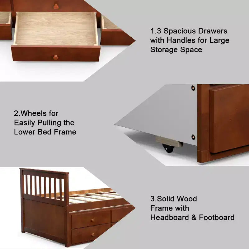 Lit double superposé Captain's Bed avec lit gigogne et tiroirs pour enfants NoyerEspressoBlanc