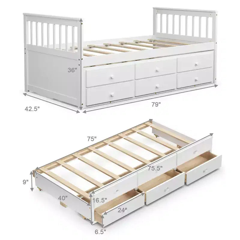 Lit double superposé Captain's Bed avec lit gigogne et tiroirs pour enfants NoyerEspressoBlanc