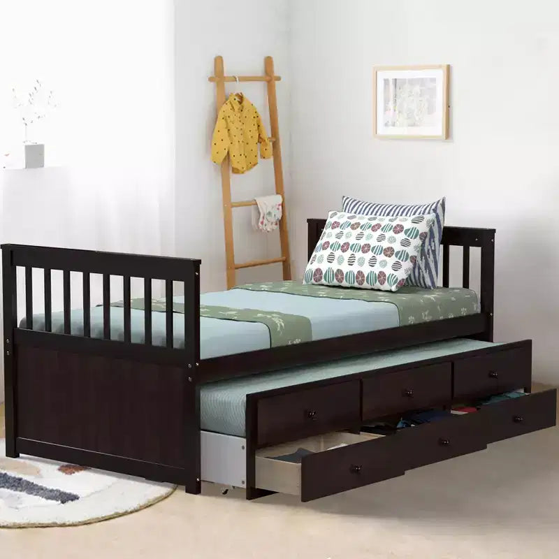 Lit double superposé Captain's Bed avec lit gigogne et tiroirs pour enfants NoyerEspressoBlanc