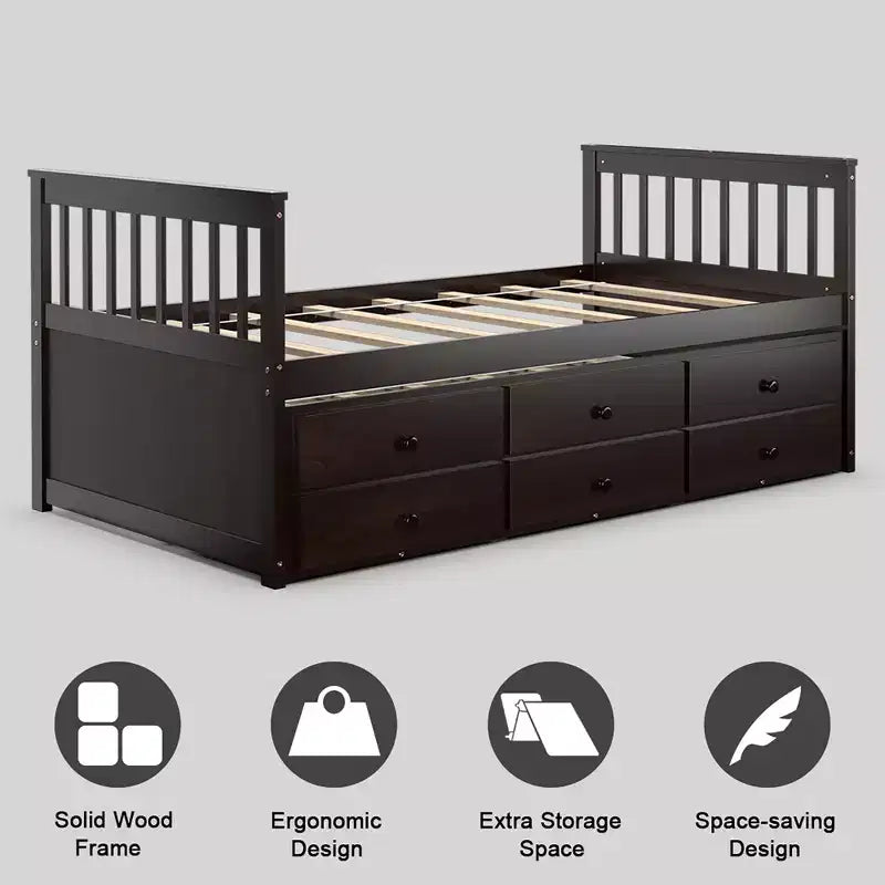 Lit double superposé Captain's Bed avec lit gigogne et tiroirs pour enfants NoyerEspressoBlanc