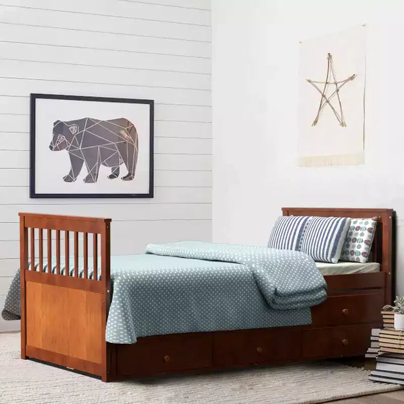 Lit double superposé Captain's Bed avec lit gigogne et tiroirs pour enfants NoyerEspressoBlanc