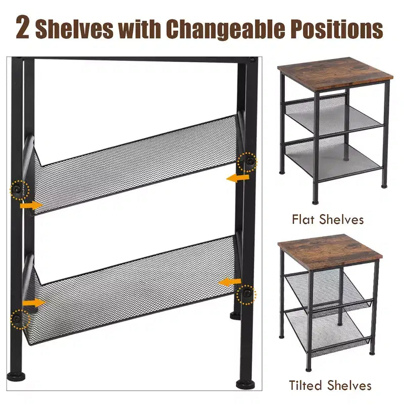 Table de chevet d'appoint industrielle à 3 niveaux avec 2 étagères réglables Marron rustique