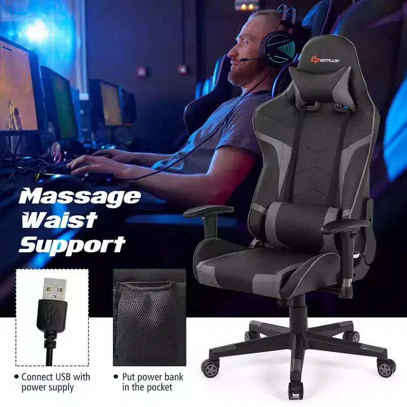 Chaise de bureau de jeu pivotante et inclinable avec massage et support lombaire